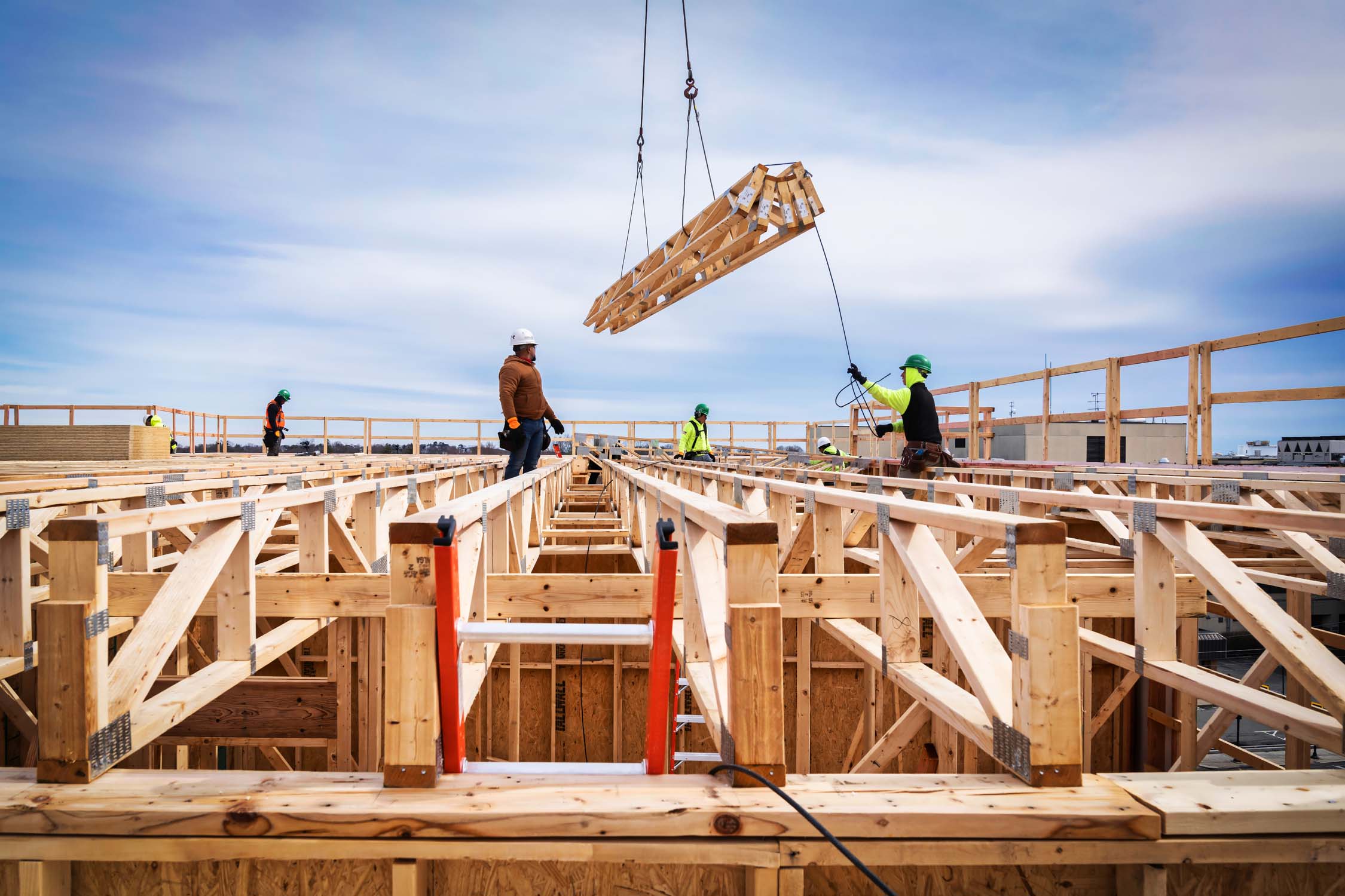 Roof truss set in place on a framed structure